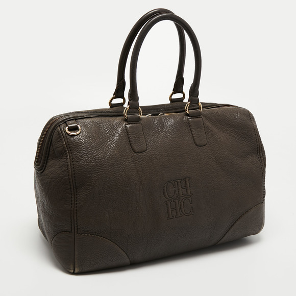 CH CAROLINA HERRERA Dark Grey Monogram Leather Large Boston Bag - Picture 3 of 8